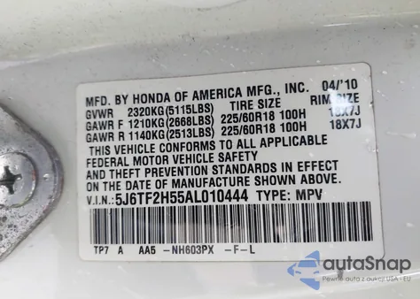 2010 Honda Accord Crosstour Ex-L from USA, damaged, VIN 5J6TF2H55AL010444